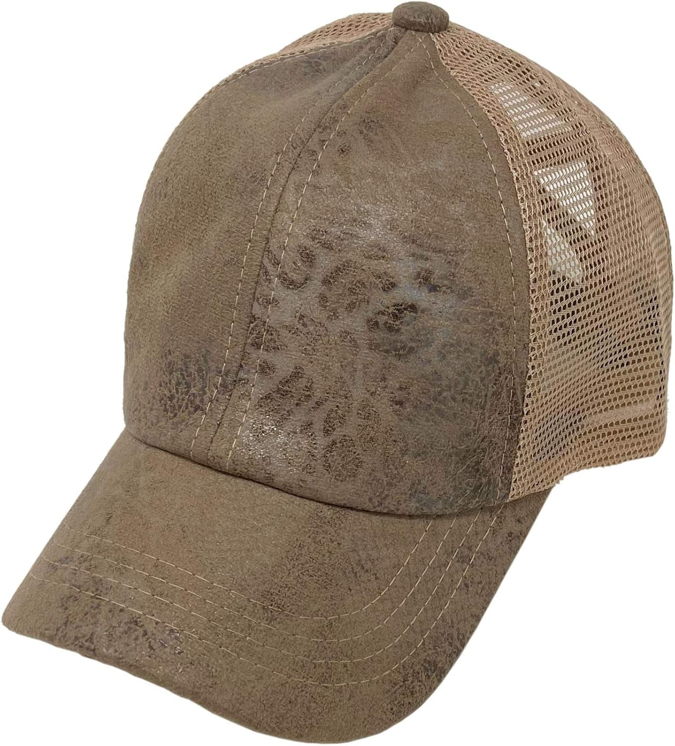 Ponytail Criss Cross Messy Buns Ponycaps Baseball Cap Dad Trucker Mesh Hat (Faux Leather Taupe)