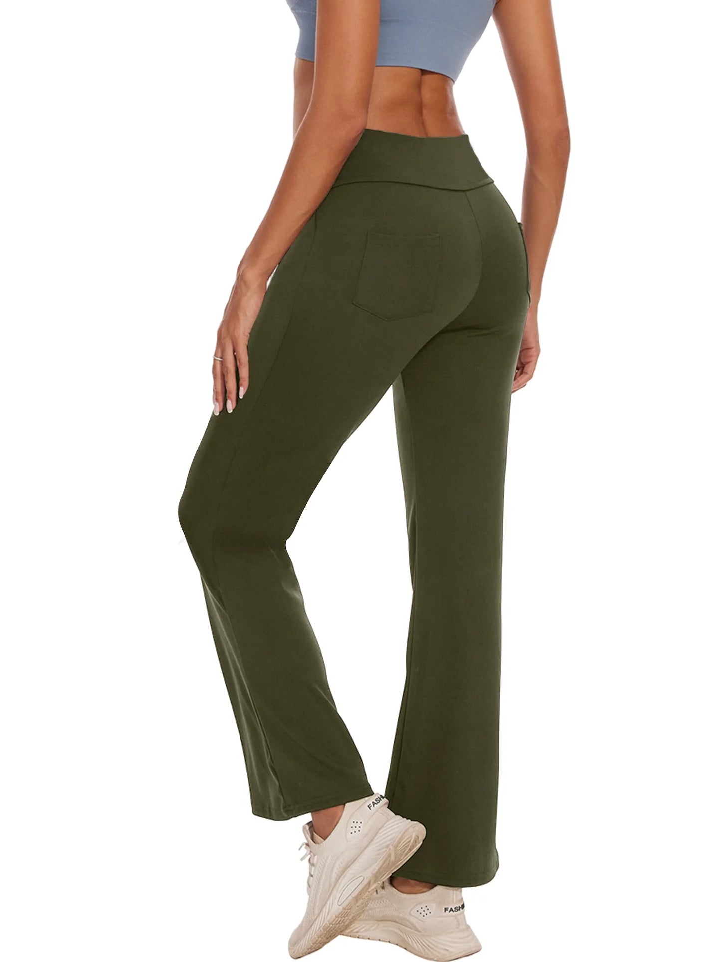 Women Bootcut Yoga Pants with Pockets Female High Waist Bootleg Trousers Workout Activewear Green 3XL