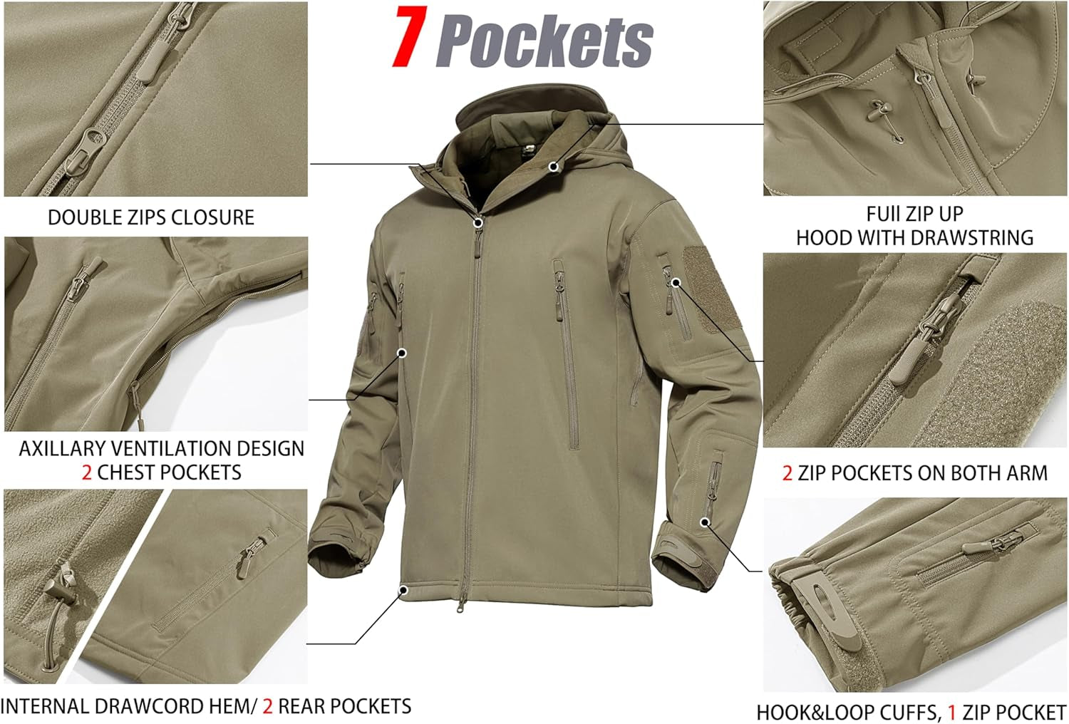 Men'S Tactical Jacket 7 Pockets Performance Fleece Lined Water Resistant Soft Shell Winter Coats