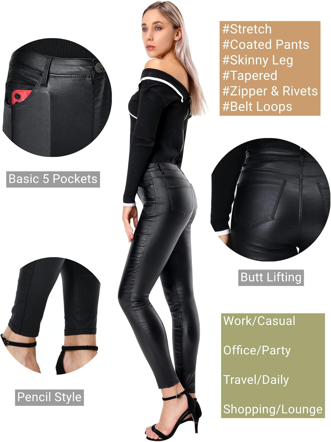 Faux Leather Leggings for Women High Waist Stretchy Skinny Pants