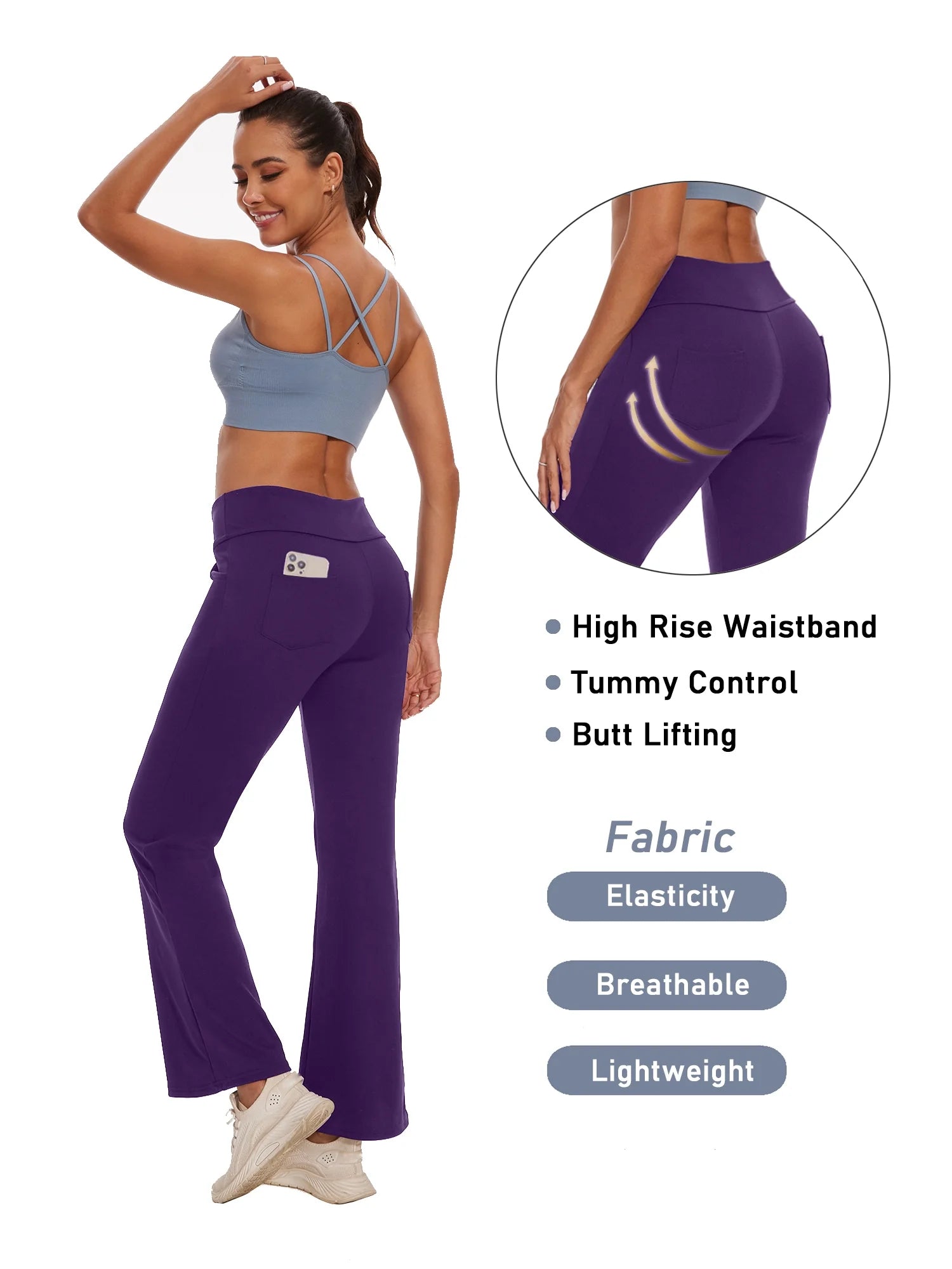 Flare Leggings for Women Workout Yoga Pants with Pockets High Waist Boocut Activewear Purple XL
