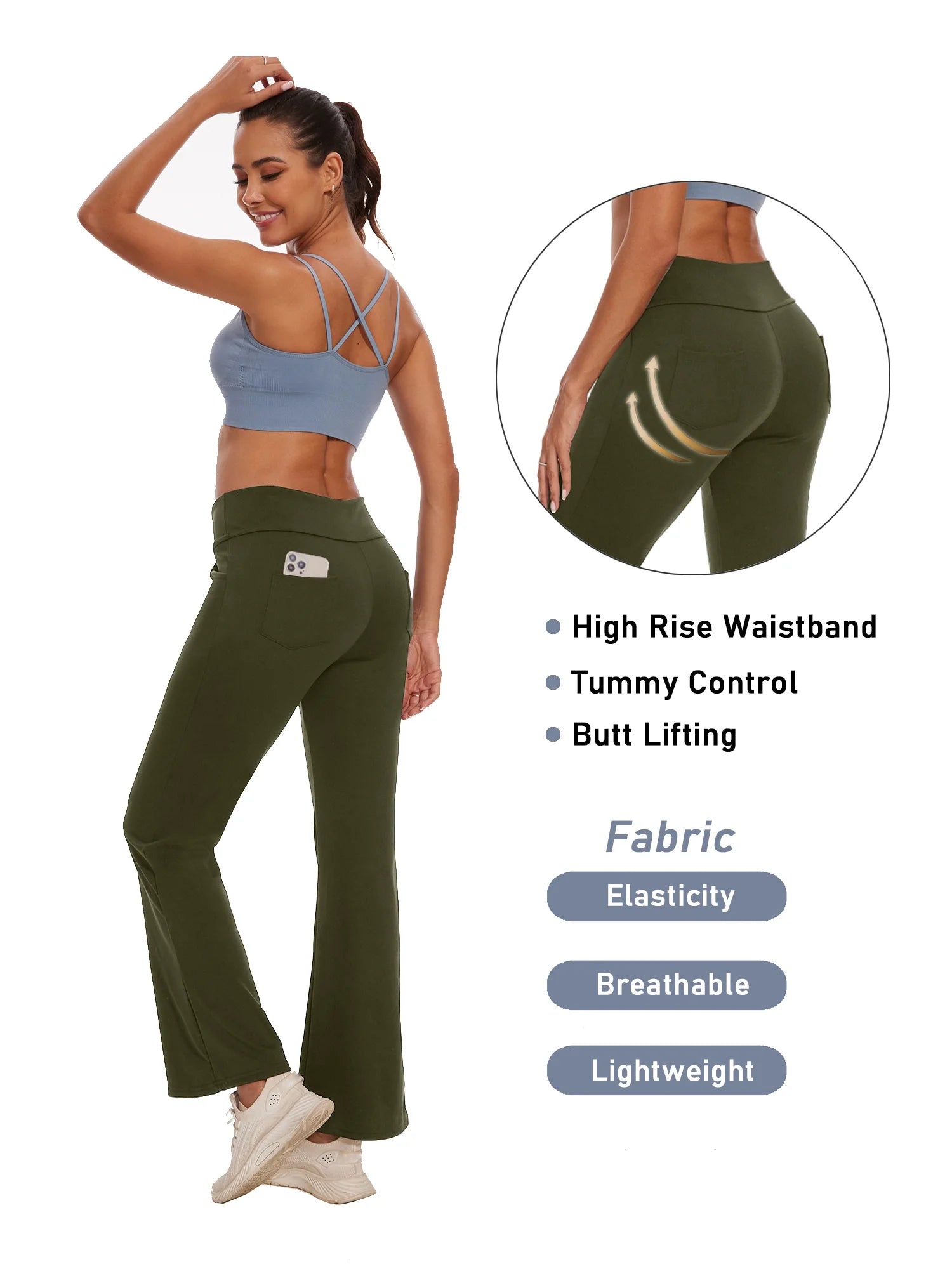 Women Bootcut Yoga Pants with Pockets Female High Waist Bootleg Trousers Workout Activewear Green 3XL