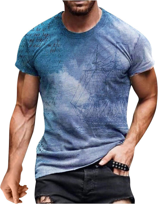 Mens Graphic T Shirts Short Sleeve Muscle Tops Fashion 3D Retro Printed Summer Casual Tees Big and Tall M 3XL, 2 Blue, 4X Large, by 20210617