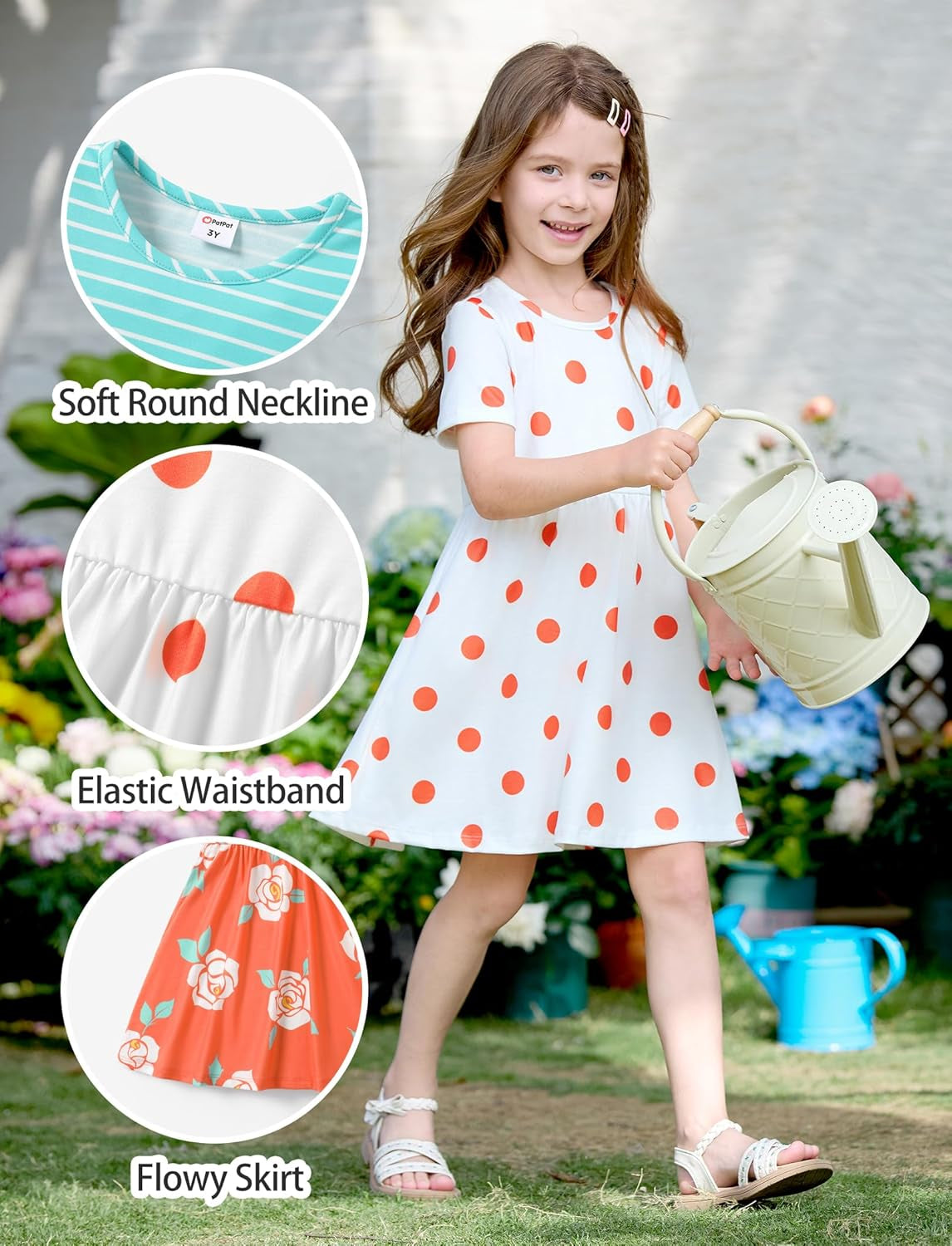 Toddler Girl Floral Skater Multipack Dresses 3-Pack Polka Dots Short Sleeve Priness A-Line Dress