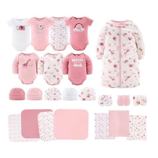 Newborn Layette Gift Set for Baby Girls, 23 Essential Pieces, Pink Rainbow Safari Animals, 0-3 Months