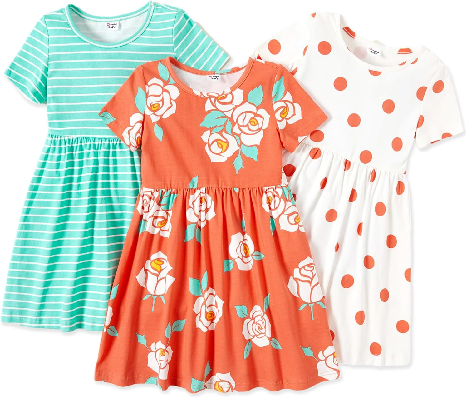 Toddler Girl Floral Skater Multipack Dresses 3-Pack Polka Dots Short Sleeve Priness A-Line Dress