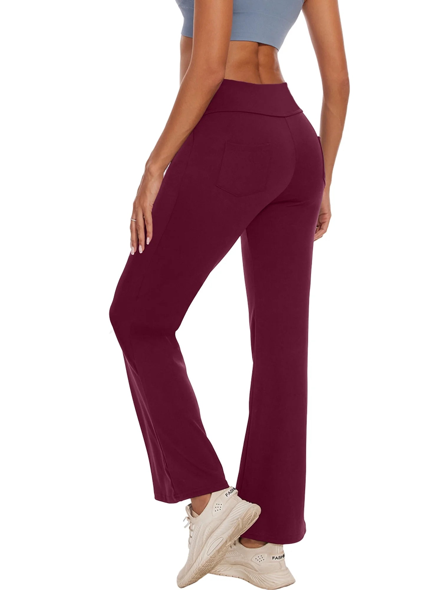 Yoga Pants for Women Bootcut High Waist Pant with Pockets Workout Trousers Activewear Dark Red L