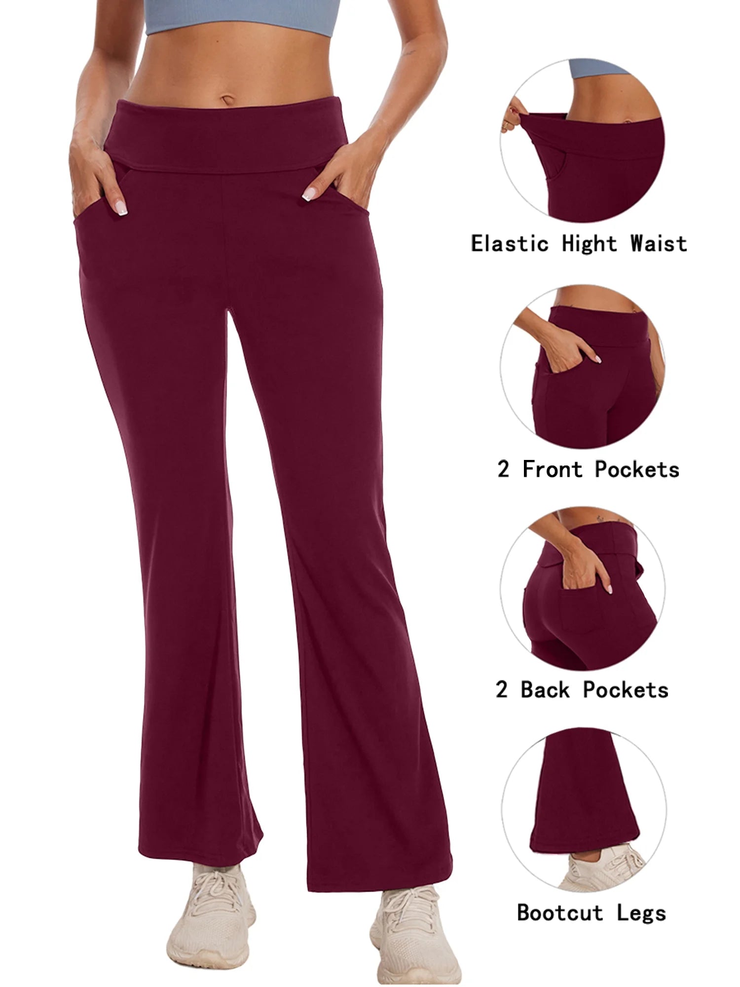 Yoga Pants for Women Bootcut High Waist Pant with Pockets Workout Trousers Activewear Dark Red L