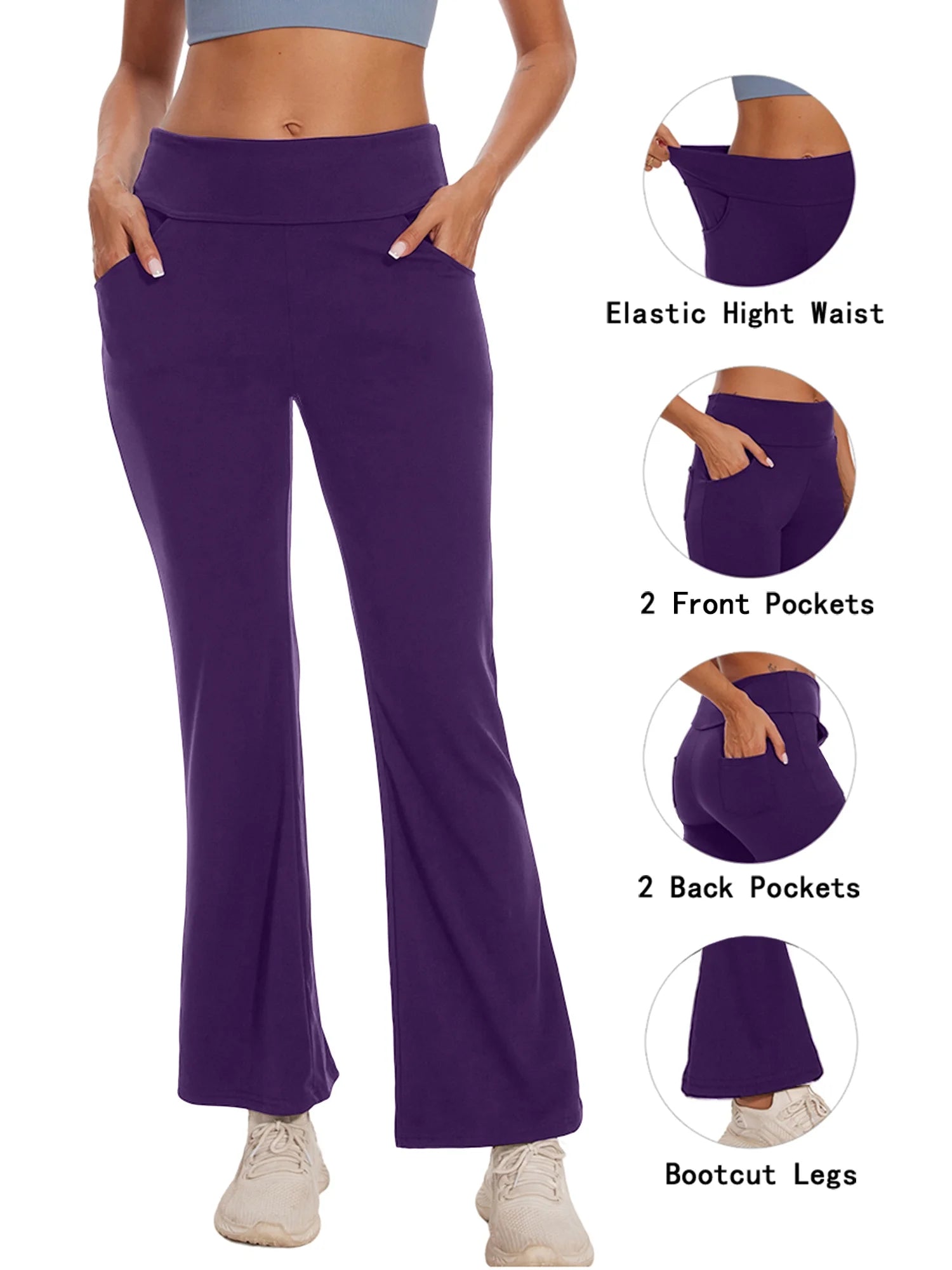 Flare Leggings for Women Workout Yoga Pants with Pockets High Waist Boocut Activewear Purple L