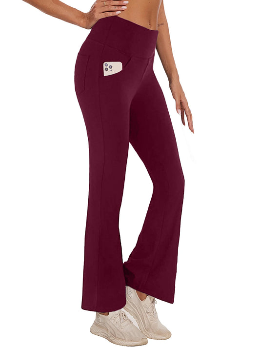 Yoga Pants for Women Bootcut High Waist Pant with Pockets Workout Trousers Activewear Dark Red M