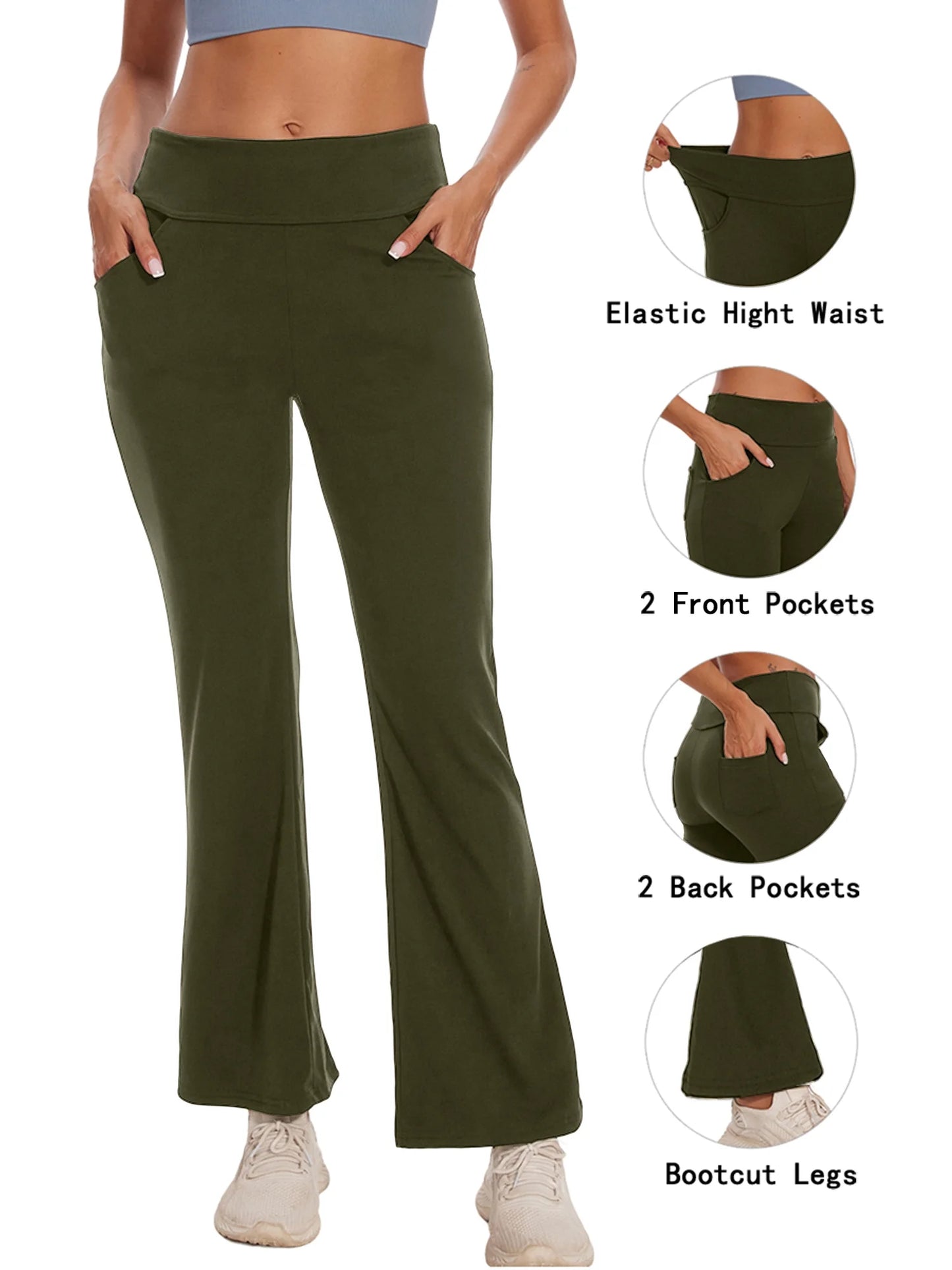 Women Bootcut Yoga Pants with Pockets Female High Waist Bootleg Trousers Workout Activewear Green 3XL