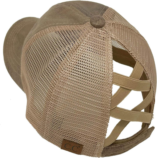 Ponytail Criss Cross Messy Buns Ponycaps Baseball Cap Dad Trucker Mesh Hat (Faux Leather Taupe)