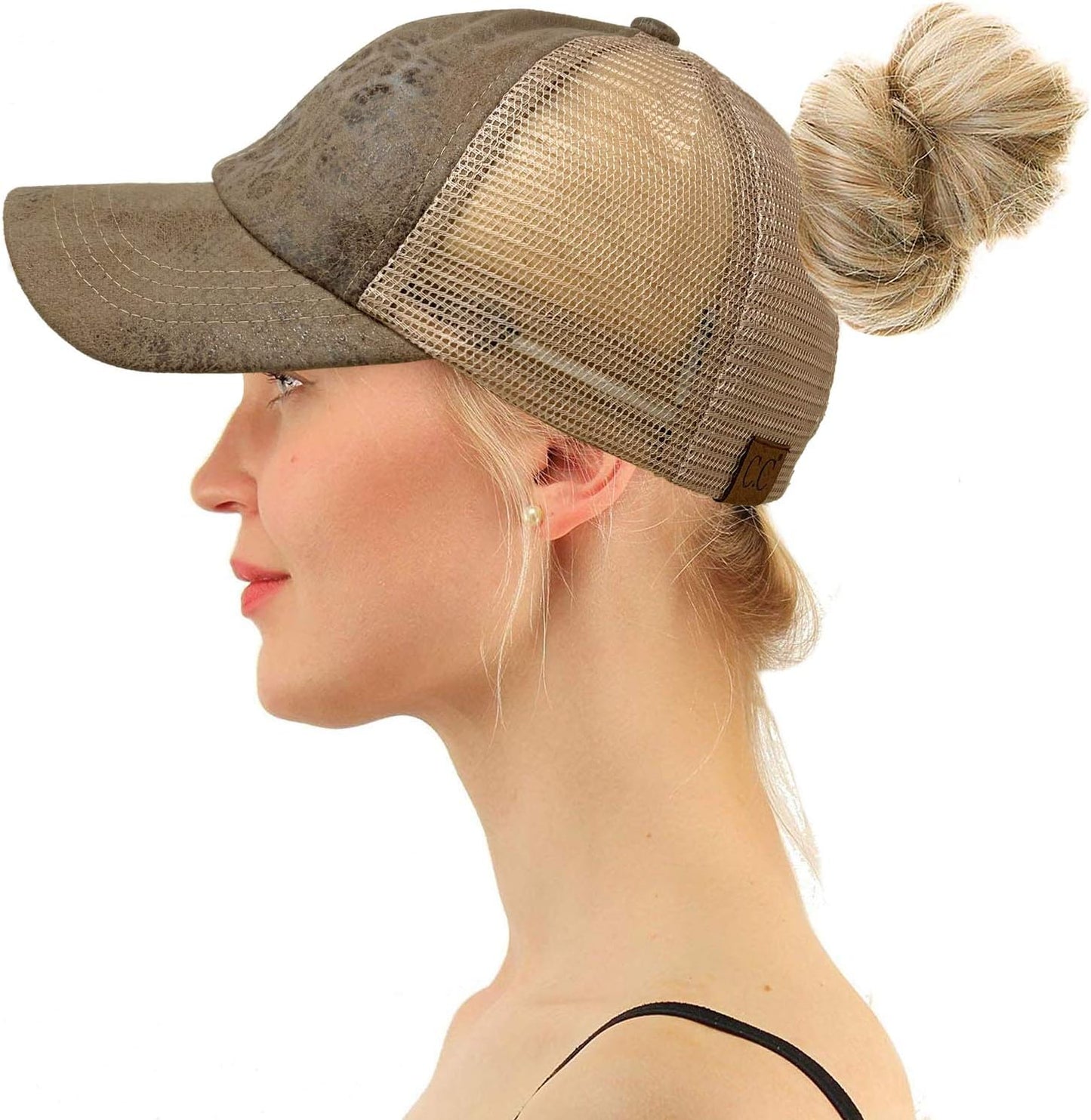 Ponytail Criss Cross Messy Buns Ponycaps Baseball Cap Dad Trucker Mesh Hat (Faux Leather Taupe)