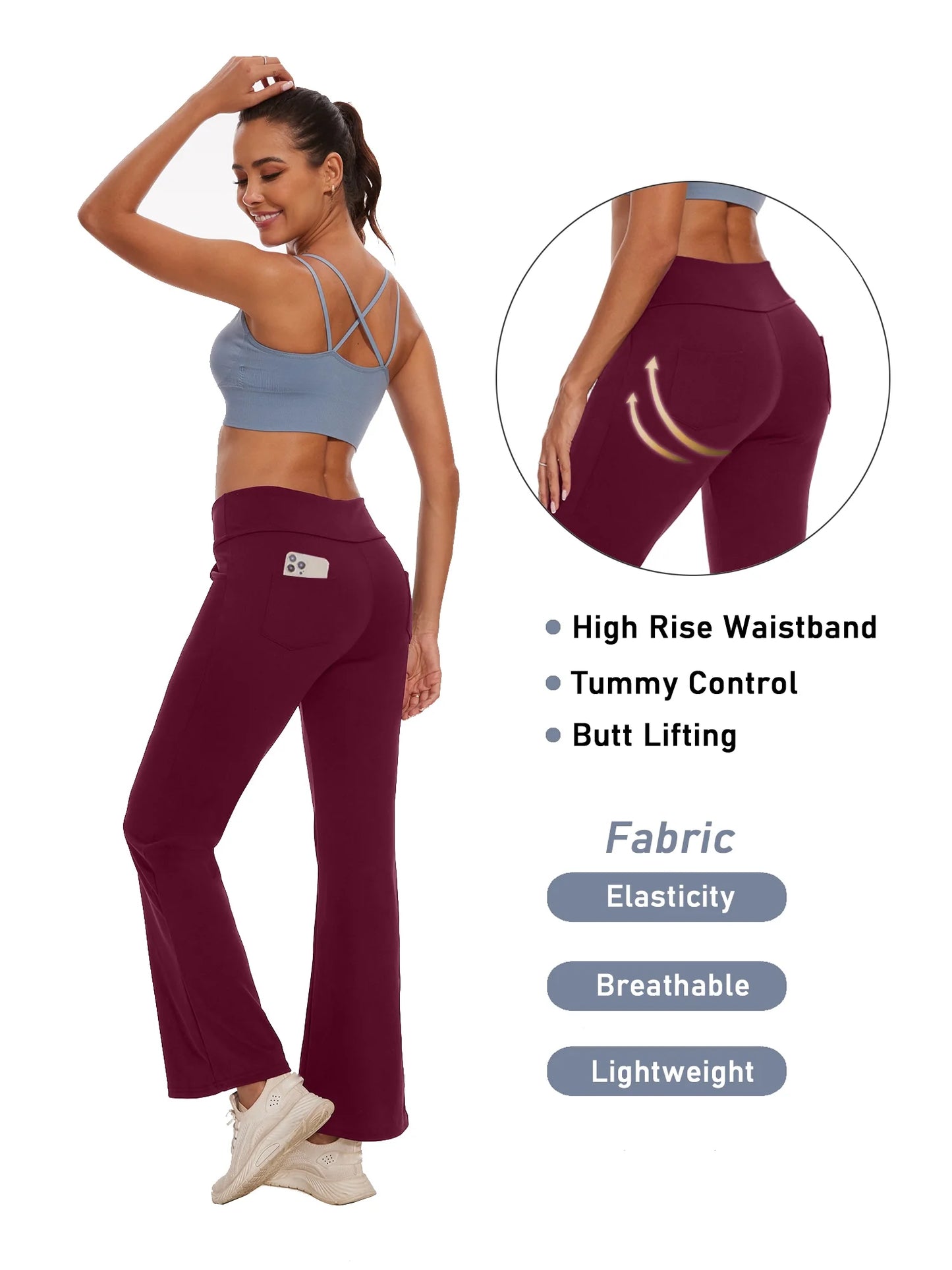 Yoga Pants for Women Bootcut High Waist Pant with Pockets Workout Trousers Activewear Dark Red L