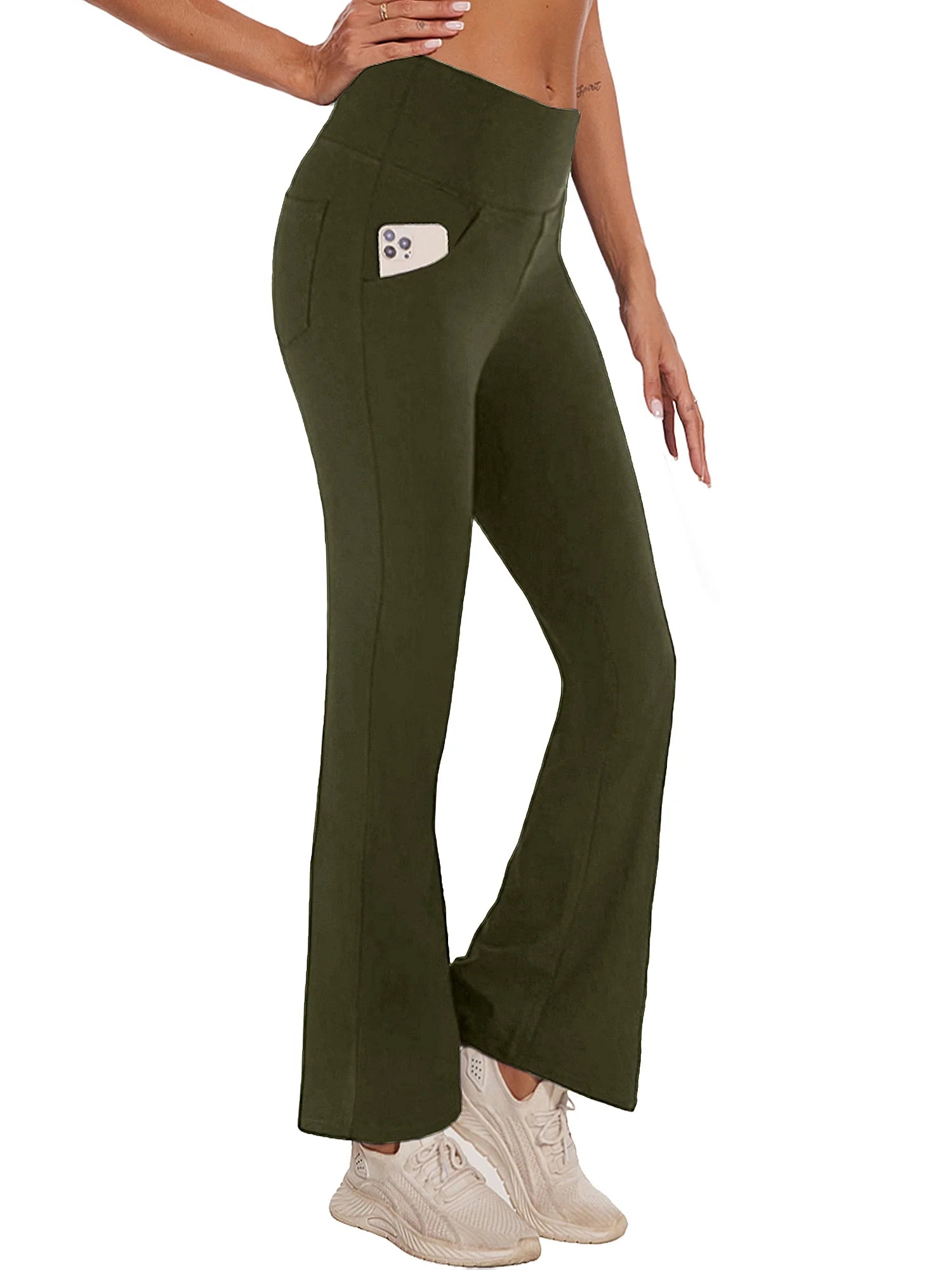 Women Bootcut Yoga Pants with Pockets Female High Waist Bootleg Trousers Workout Activewear Green 3XL
