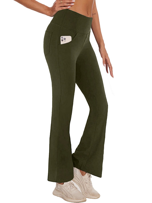 Women Bootcut Yoga Pants with Pockets Female High Waist Bootleg Trousers Workout Activewear Green 3XL