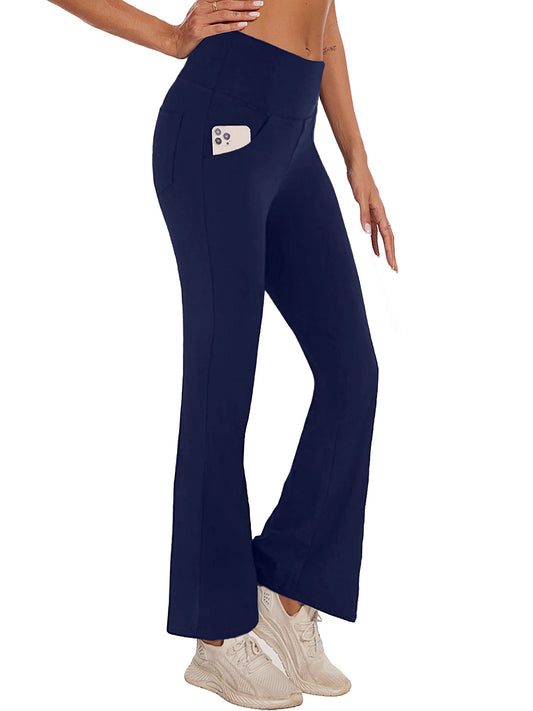 Women Bootcut Yoga Pants with Pockets Female High Waist Bootleg Trousers Workout Activewear Navy Blue M