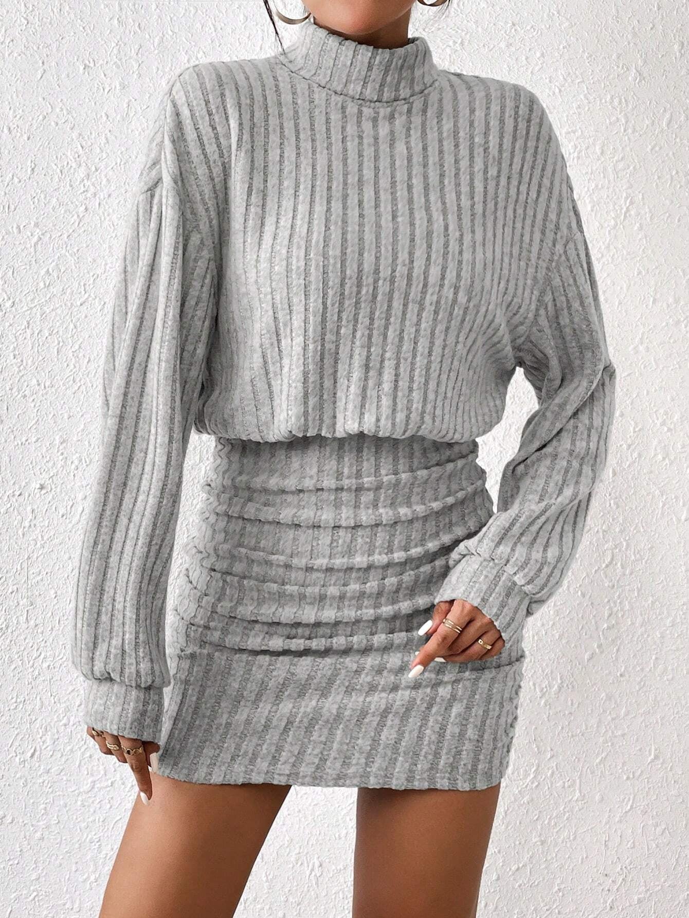 SHEIN Frenchy Turtleneck Drop Shoulder Ruched Bodycon Textured Fabric Dress